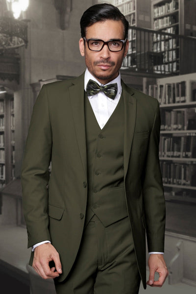 Men's Designer Slim Fit Vested Wool Wedding Suit in Olive Green
