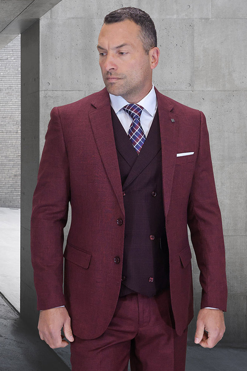 Men's Two Button Vintage Style Wool Suit with Double Breasted Vest in Burgundy