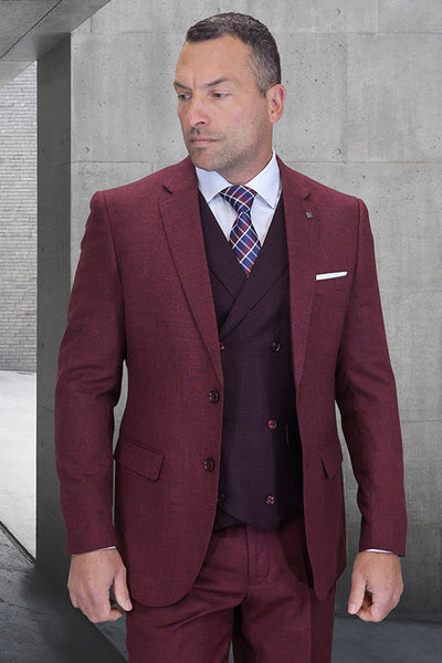 Men's Two Button Vintage Style Wool Suit with Double Breasted Vest in Burgundy