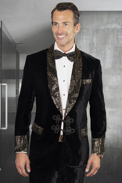 Men's Designer Velvet Tuxedo With Double Frog Closure and Paisley Embroidery in Black