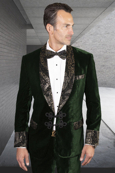 Men's Designer Velvet Tuxedo With Double Frog Closure and Paisley Embroidery in Hunter Green