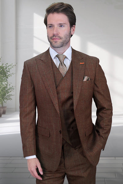 Men's Designer Vested One Button Peak Lapel Wool Suit in Copper Windowpane Plaid