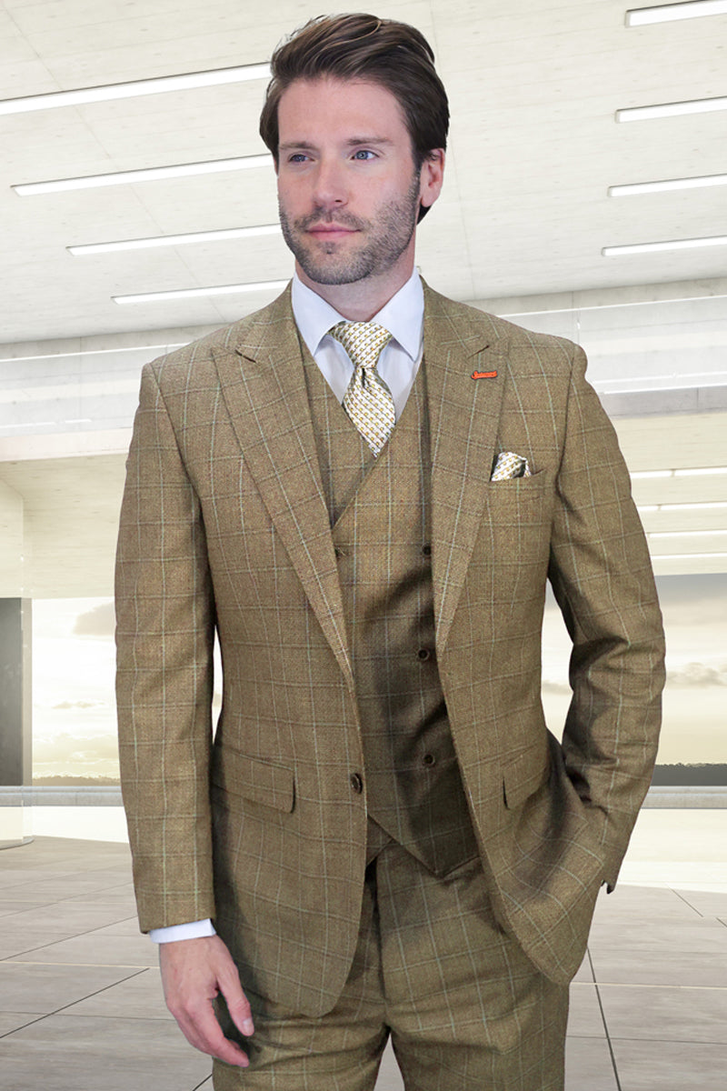 Men's Designer Vested One Button Peak Lapel Wool Suit in Tan Windowpan ...