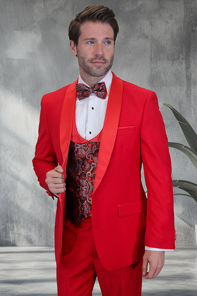 Men's Modern Fit Wedding & Prom Shawl Tuxedo with Matching Paisley Vest Set in Tan