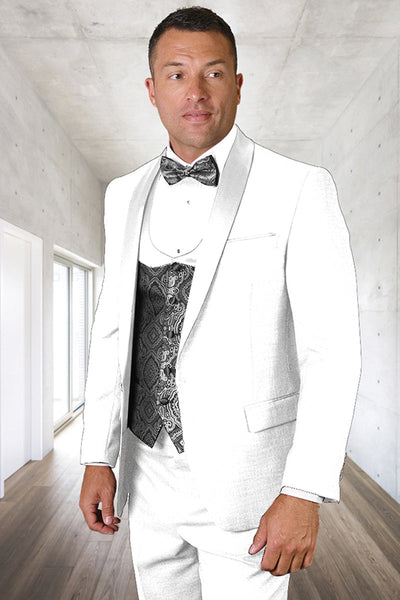 Men's Modern Fit Wedding & Prom Shawl Tuxedo with Matching Paisley Vest Set in White