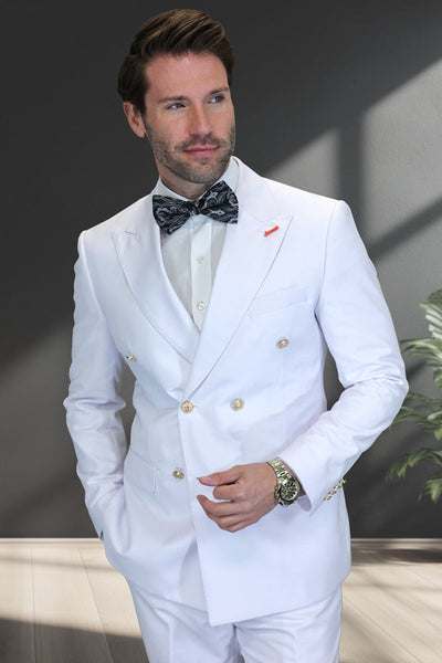 Men's Designer Modern Fit Double Breasted Wool Suit with Gold Buttons in White