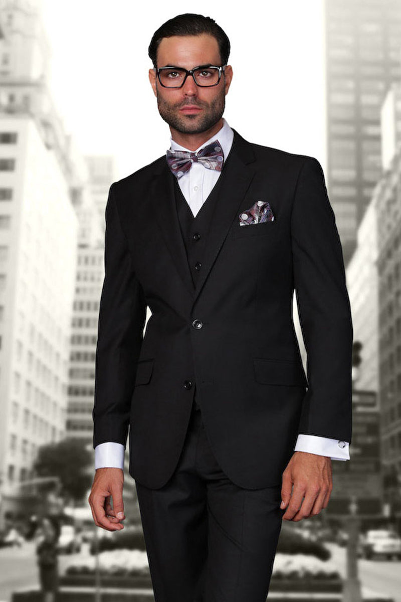 Men's Designer Vested Modern Fit Wool Business & Wedding Suit in Black