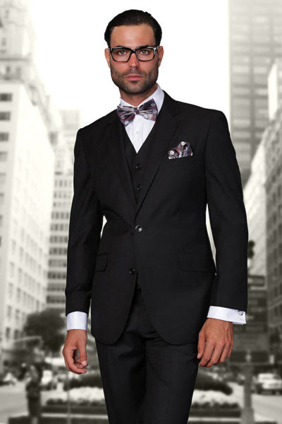 Men's Designer Vested Modern Fit Wool Business & Wedding Suit in Black