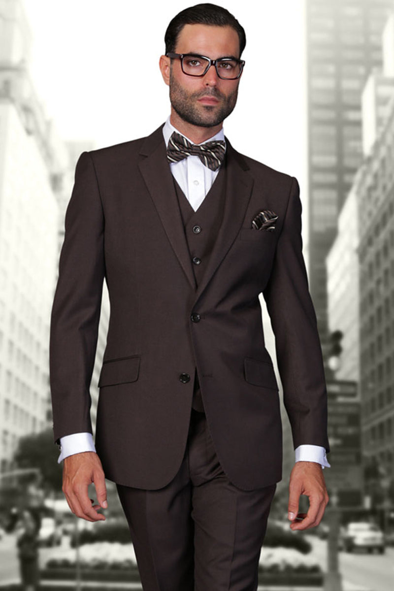 Men's Designer Vested Modern Fit Wool Business & Wedding Suit in Brown