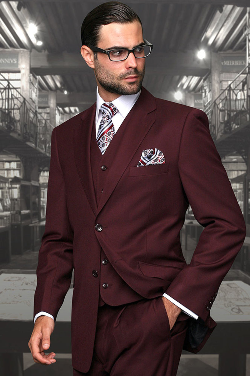 Men's Designer Vested Modern Fit Wool Business & Wedding Suit in Burgundy