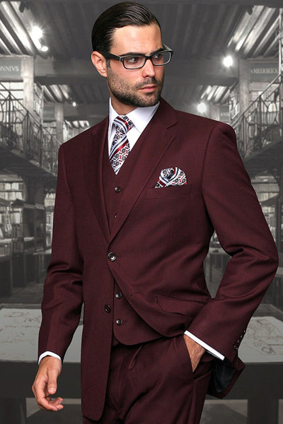 Men's Designer Vested Modern Fit Wool Business & Wedding Suit in Burgundy