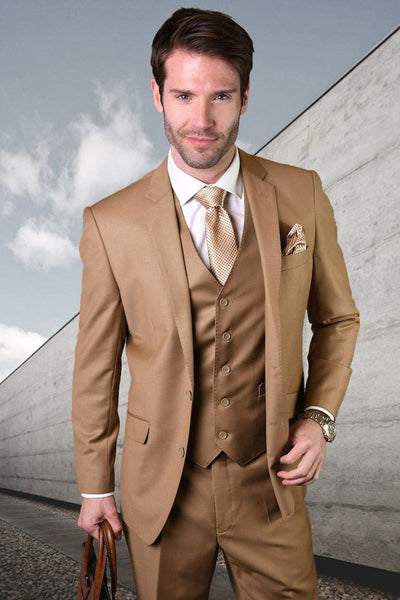 Men's Designer Vested Modern Fit Wool Business & Wedding Suit in Dark Tan Caramel