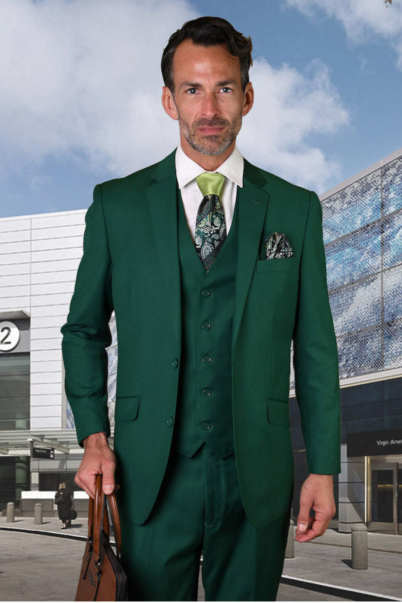 Men's Designer Vested Modern Fit Wool Business & Wedding Suit in Forest Green