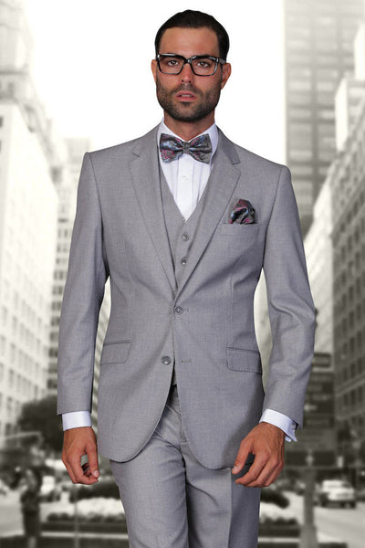 Men's Designer Vested Modern Fit Wool Business & Wedding Suit in Light Grey