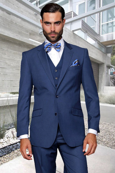 Men's Designer Vested Modern Fit Wool Business & Wedding Suit in Indigo, Blue