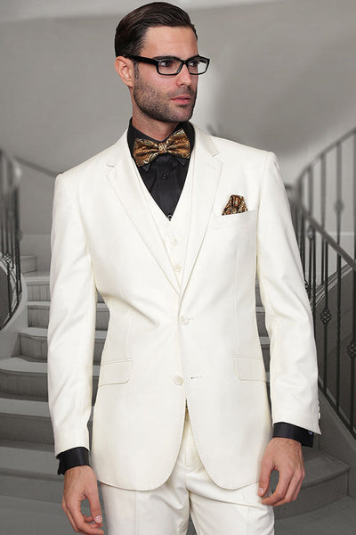 Men's Designer Vested Modern Fit Wool Business & Wedding Suit in Ivory Off White