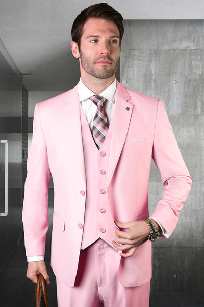 Men's Designer Vested Modern Fit Wool Business & Wedding Suit in Pink