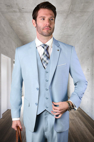 Men's Designer Vested Modern Fit Wool Business & Wedding Suit in Powder Blue