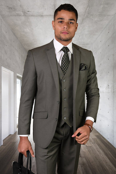 Men's Designer Vested Modern Fit Wool Business & Wedding Suit in Sage Green