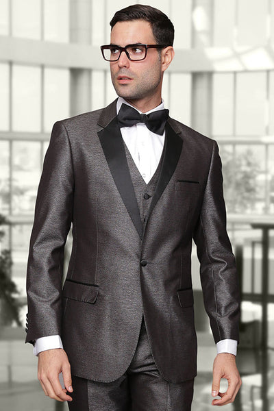 Men's One Button Vested Shiny Sharkskin Wool Tuxedo in Grey
