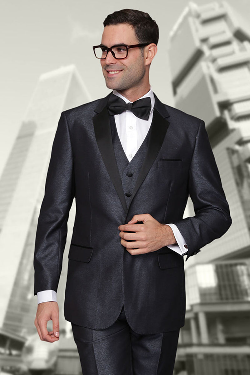 Men's One Button Vested Shiny Sharkskin Wool Tuxedo in Indigo Blue