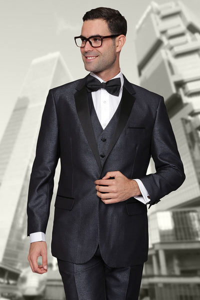 Men's One Button Vested Shiny Sharkskin Wool Tuxedo in Indigo Blue