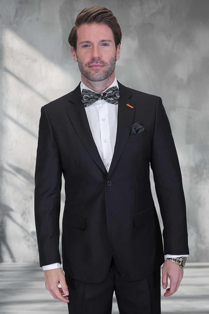 Men's Designer Modern Fit Super 200's Textured Wool Suit in Black