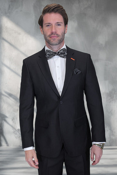 Men's Designer Modern Fit Super 200's Textured Wool Suit in Black