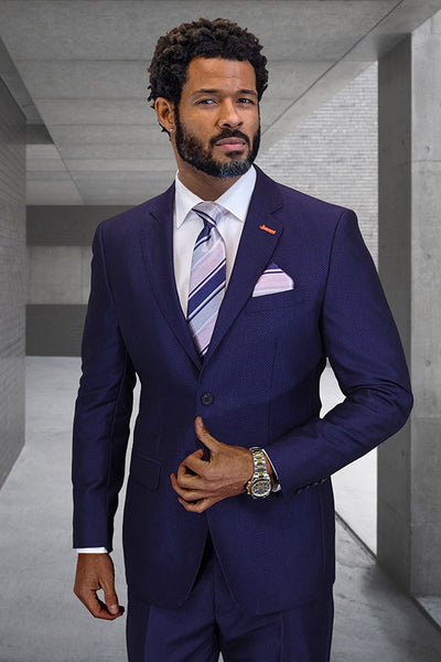 Men's Designer Modern Fit Super 200's Textured Wool Suit in Navy Blue