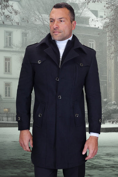 Men's Designer Wool & Cashmere Car Coat with Zip Out Liner in Black
