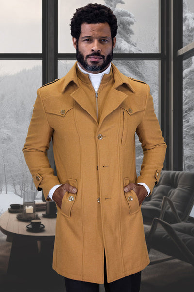 Men's Designer Wool & Cashmere Car Coat with Zip Out Liner in Camel