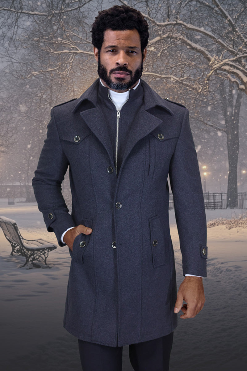 Men's Designer Wool & Cashmere Car Coat with Zip Out Liner in Charcoal Grey