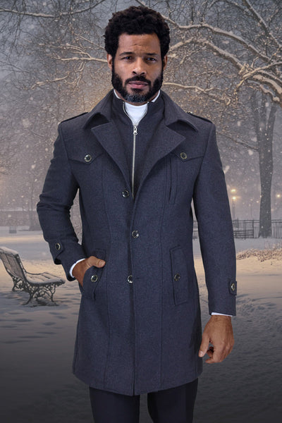 Men's Designer Wool & Cashmere Car Coat with Zip Out Liner in Charcoal Grey