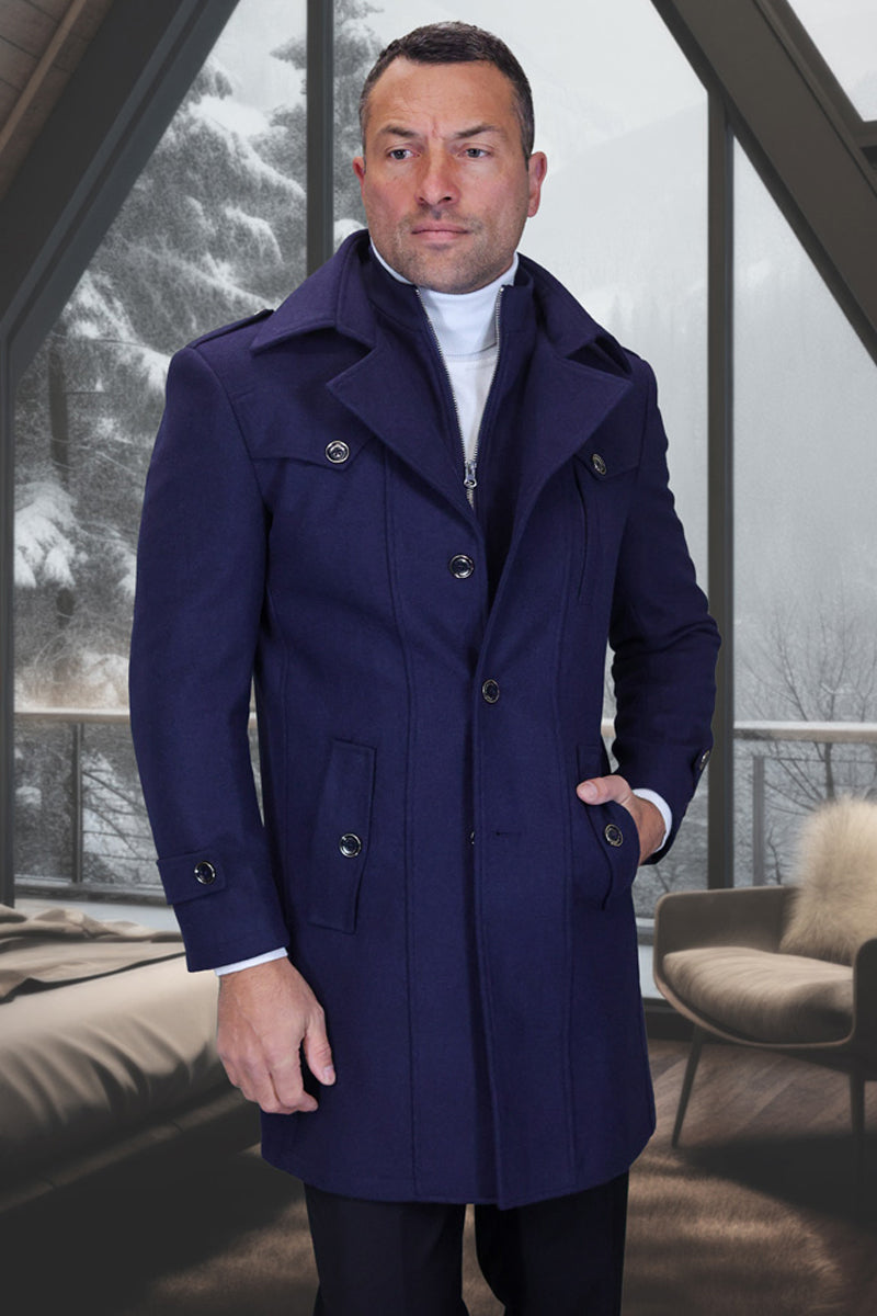 Men's Designer Wool & Cashmere Car Coat with Zip Out Liner in Navy