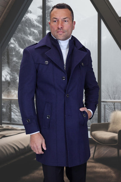 Men's Designer Wool & Cashmere Car Coat with Zip Out Liner in Navy
