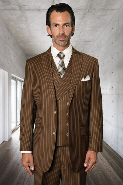 Men's Designer Wool Pleated Pant Vested Suit in Bold Bronze Gangster Pinstripe