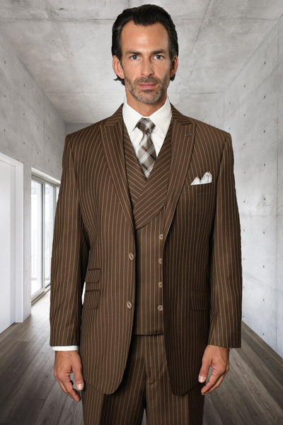 Men's Designer Wool Pleated Pant Vested Suit in Bold Brown Gangster Pinstripe