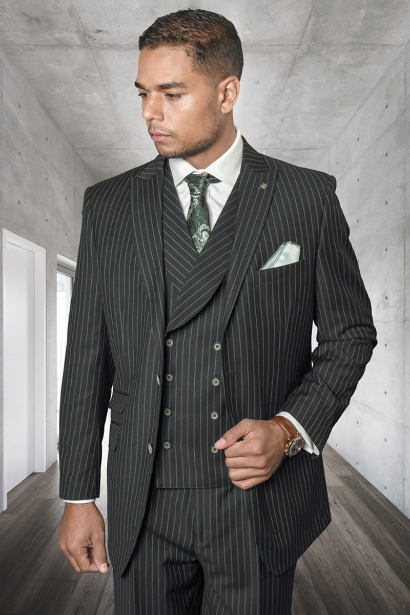 Men's Designer Wool Pleated Pant Vested Suit in Bold Hunter Green Gangster Pinstripe