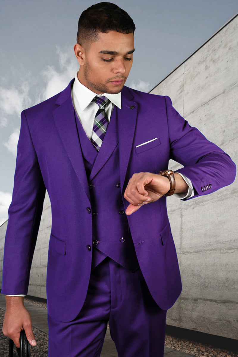 Men's Designer Modern Fit Double Breasted Vest Wool Wedding Suit in Purple