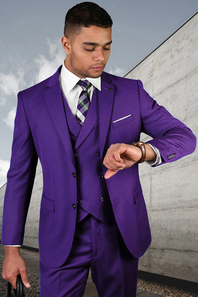 Men's Designer Modern Fit Double Breasted Vest Wool Wedding Suit in Purple