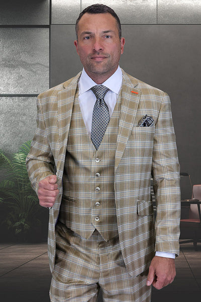 Men's Designer Two Button Modern Fit Vested Wool Suit in Tan Glen Plaid