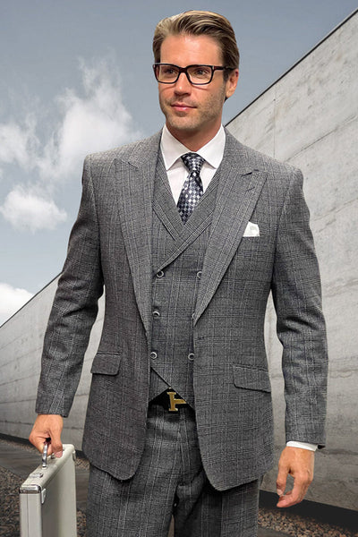 Men's Designer Wool Peak Lapel Suit in Muted Black Widowpane Plaid