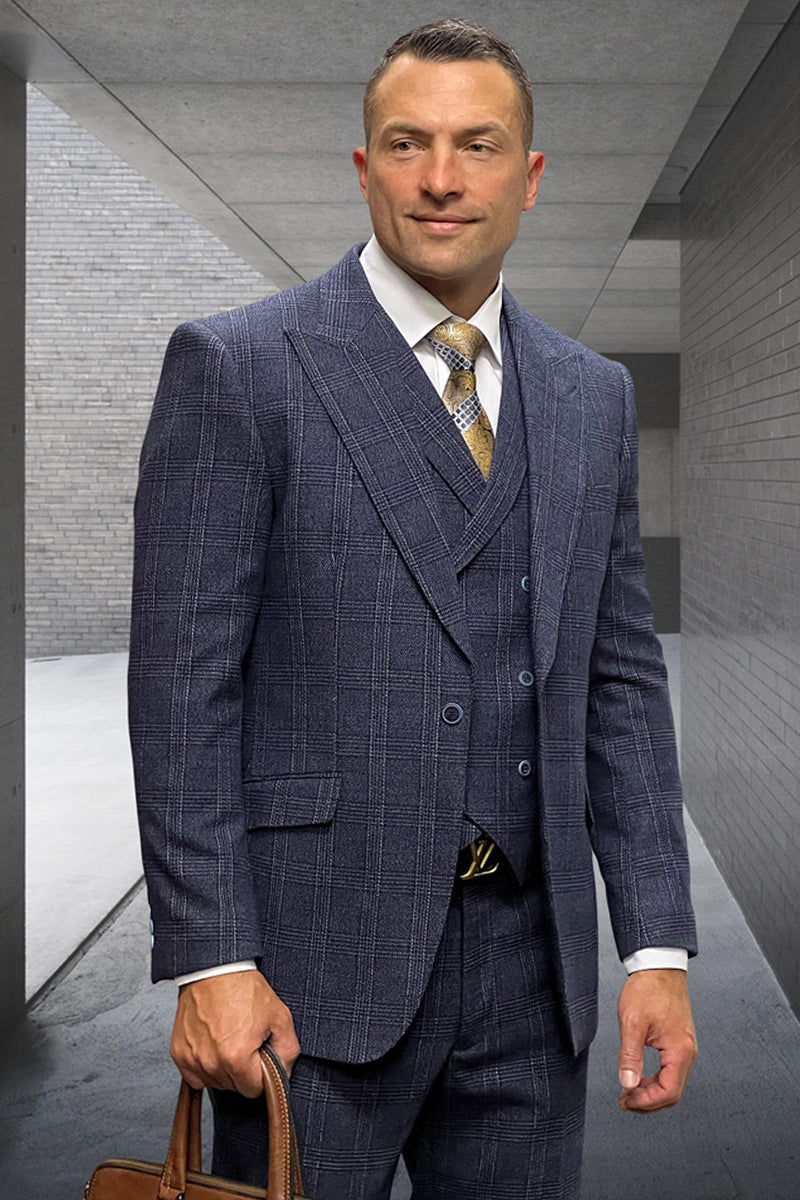 Men's Designer Wool Peak Lapel Suit in Muted Navy Blue Widowpane Plaid