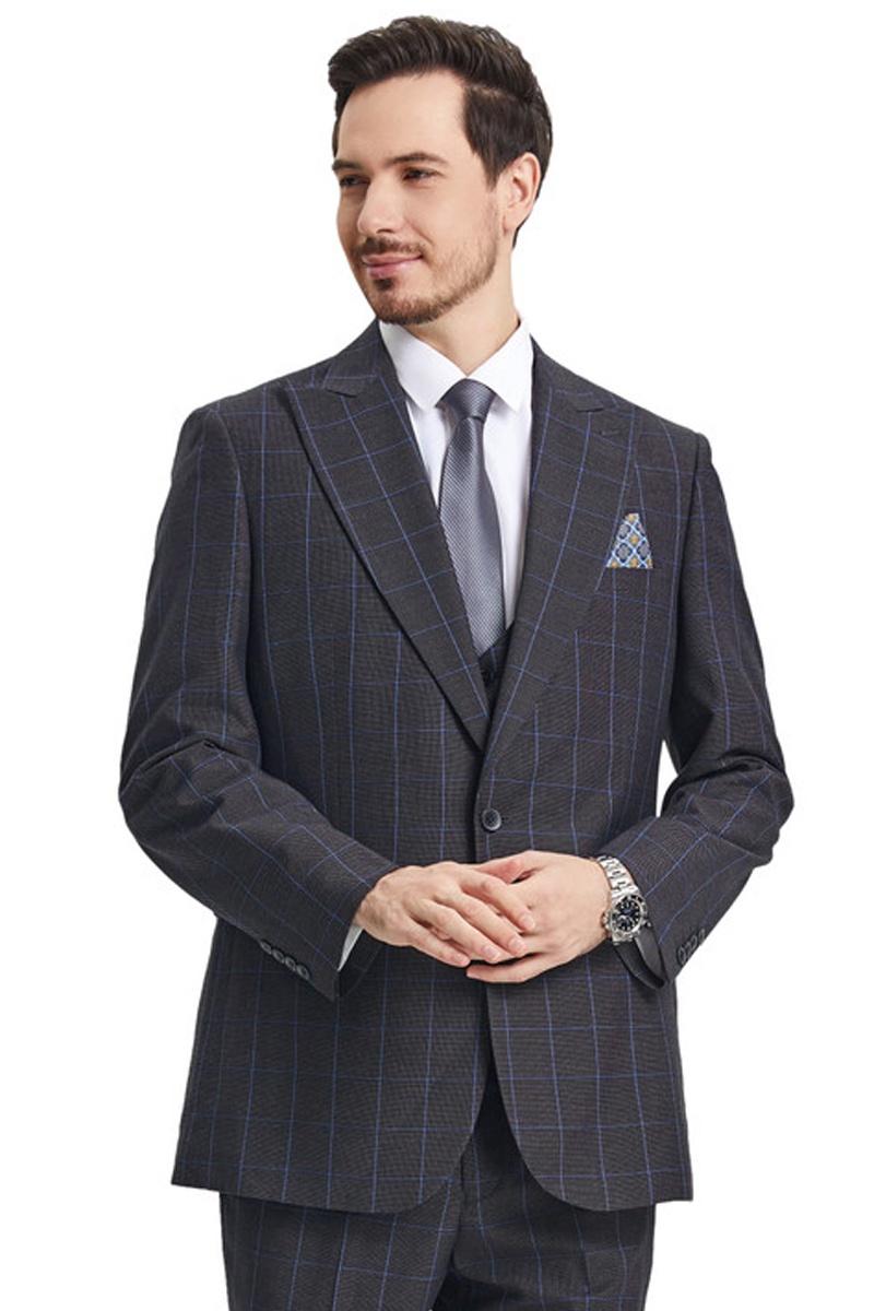 Men's Stacy Adams Peak Lapel Charcoal Grey Windowpane Plaid Suit with a Scoop Neck Vest