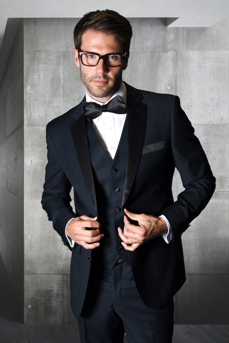 Men's Designer Modern Fit Vested Wool Wedding Tuxedo in Navy Blue