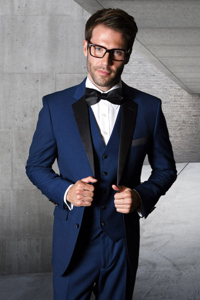 Men's Designer Modern Fit Vested Wool Wedding Tuxedo in Sapphire Blue