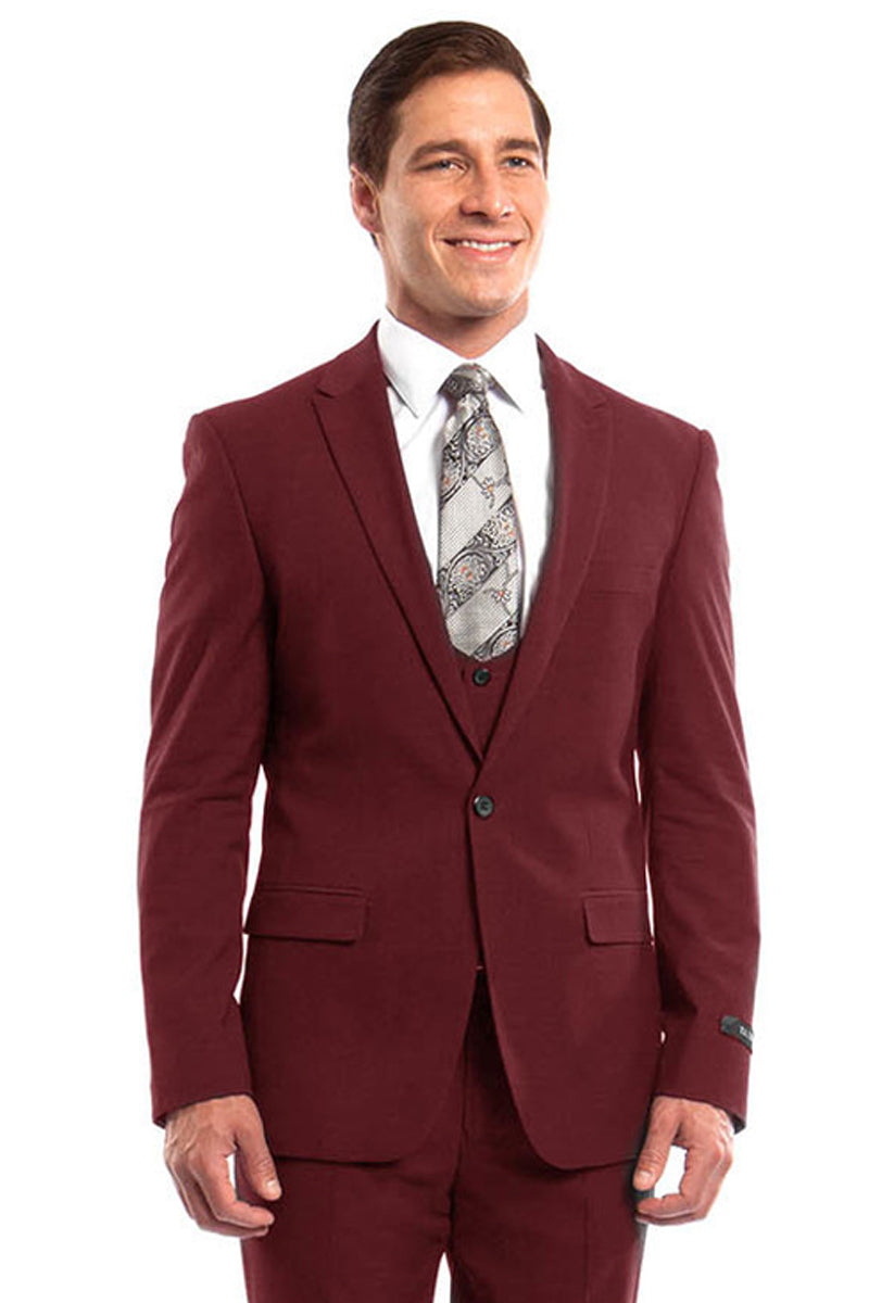 Men's One Button Peak Lapel Skinny Wedding & Prom Suit with Lowcut Vest in Red