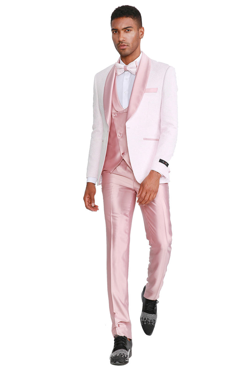 Men's One Button Vested Paisley Prom & Wedding Tuxedo with Satin Vest and Pants in Pink