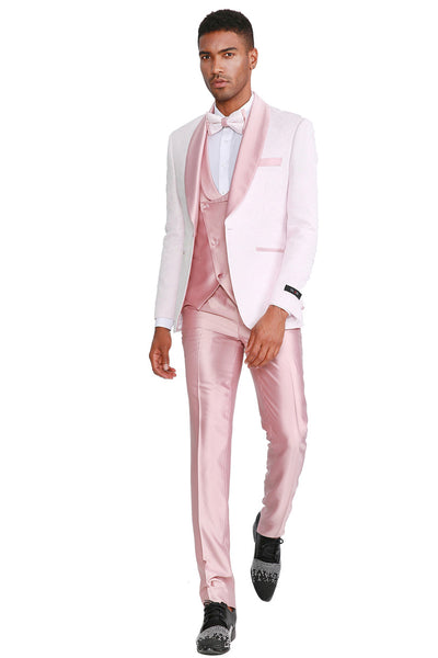 Men's One Button Vested Paisley Prom & Wedding Tuxedo with Satin Vest and Pants in Pink