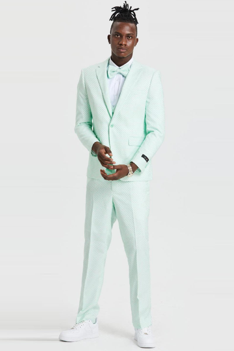 Men's One Button Double Brested Vest Notch Lapel Prom & Wedding Suit in Mint Green Polka Dot 48 Long / Mint Green